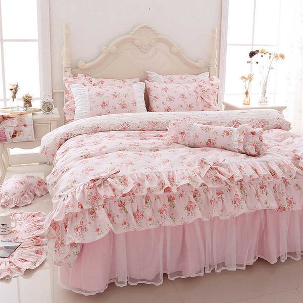 Conjuntos de ropa de cama de algodón con estampado Floral, juego de cama de princesa, tamaño doble, rosa, con volantes de encaje, funda nórdica, colcha, falda de cama