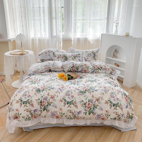 Conjuntos de ropa de cama Juego de estilo de jardín fresco de algodón 3/4 piezas Suave rosa-púrpura Flor amarilla impresa Funda nórdica reversible con cremallera