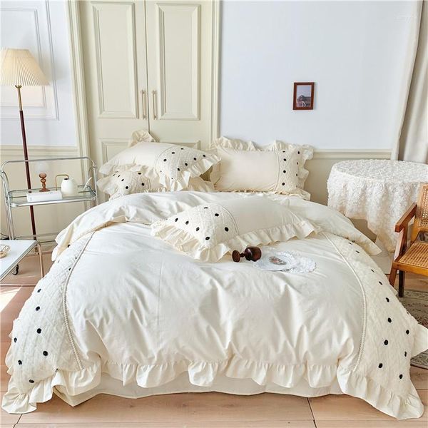 Conjuntos de ropa de cama de algodón con bordado de encaje, conjunto de estilo princesa coreano, funda de edredón con volantes, edredón de cama, fundas de almohada de lino