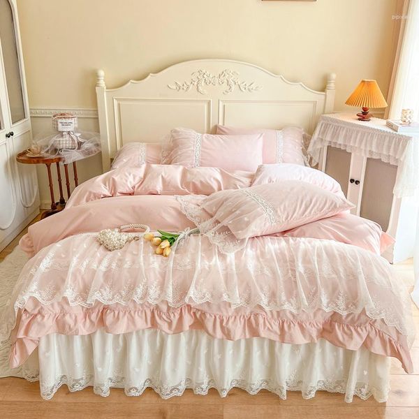 Ensembles de literie coton romantique français princesse mariage ensemble dentelle volants housse de couette drap de lit jupe couvre-lit taies d'oreiller