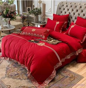 Ensemble de literie Ensemble de coton 4pcs lit king size style chinois mariage rouge 60tc couverture de couette brodée lourde à étapes