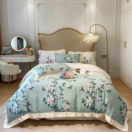 Juegos de cama de algodón vibrante elegante conjunto elegante suave y cómodo flores verdes estampados botánicos cubierta de sábana de almohada de almohada 4pcs