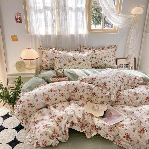 Ensembles de literie coton Vintage pays français petit ensemble Floral bords à volants motif de fleurs housse de couette drap de lit taies d'oreiller