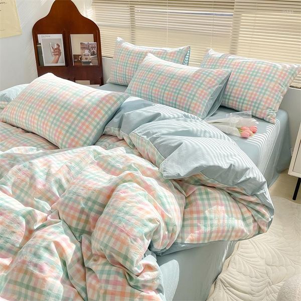 Ensembles de literie coton lavé quatre pièces ensemble Plaid Simple étudiant garçons Suite housse de couette taie d'oreiller drap de lit