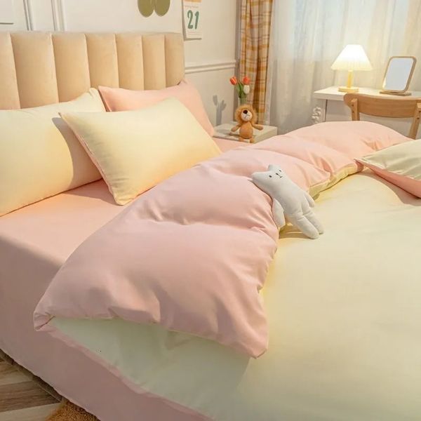 Ensembles de literie style crème, rose uni, jaune, linge de lit double taille, pour fille et adulte, oreiller plat, 231106