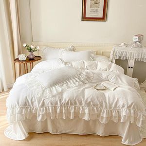Ensembles de literie crème blanc coréen princesse Style Seersucker coton lavé volants ensemble housse de couette drap de lit taies d'oreiller