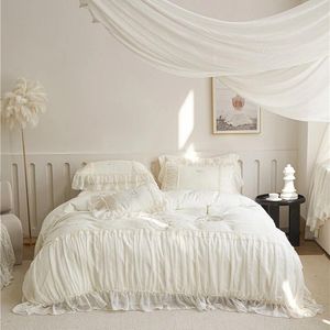 Ensembles de literie crème blanc romantique pli dentelle volants princesse ensemble velours polaire housse de couette drap plat/ajusté taies d'oreiller