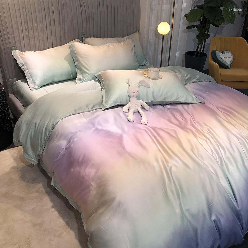 Bedding Sets Creative Gradient Color 60s Silk Sheet Duvet Cover Lessel Fiber Set Healthy Skin Bed Pillowshams Linen