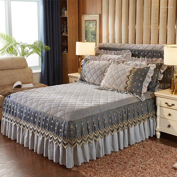 Ensembles de literie cristal velours gris épais jupe de lit dentelle couvre-lit taie d'oreiller 1/3 pièces filles literie drap mariage maison # sw