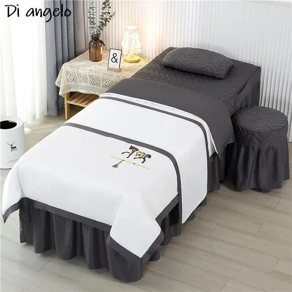 Conjuntos de ropa de cama Logotipo de tamaño personalizado 4-7pcs bordado salón de belleza Juego de cama de cama masaje spa bedskirt taburera de almohada cubierta#s