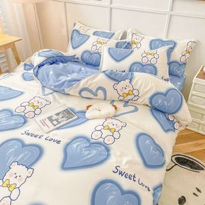 Beddengoed sets schattige beren beddengoed set meisjes jongens kinderen een dubbele maat plat sheet dekbedoverkap kussensloop beddengoed wit blauw home textiel 230211