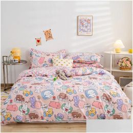 Ensembles de literie Ensemble d'ours mignon Filles Garçons Enfants Simple Double Taille Drap plat Couette Taie d'oreiller Linge de lit Blanc Bleu Home Textile Drop Dhune