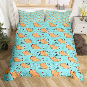 Beddengoed sets schattige capybara print beddengoed sets vol kawaii honing bijen dekbed covercartoon dieren bed set rode liefde hart print dekbedoverdek j240507