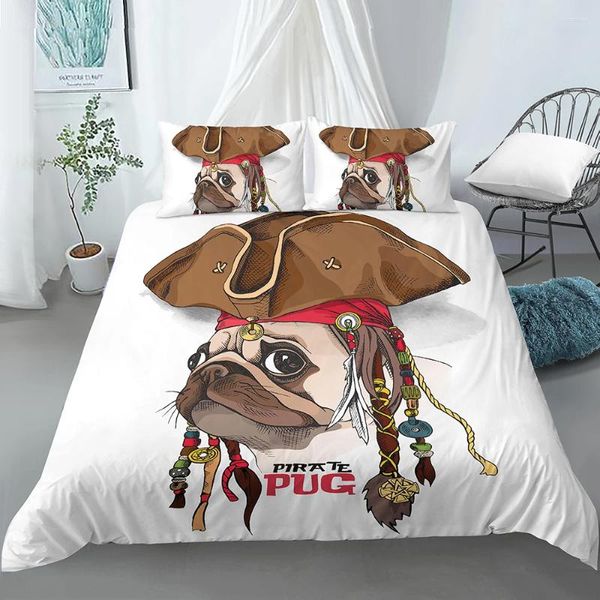 Ensembles de literie mignon carton pirate pug pilote de chien pilote de chien animal motif de couette pour la ligne de lit de courtepointe de chambre à la maison avec taies d'oreiller 2 / 3pcs