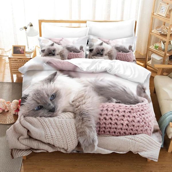 Conjuntos de ropa de cama Lindo gato funda nórdica 3D Animal Set Pet Kitten Comforter Microfibra Twin Full King para niños Teen Boys Dormitorio Decoración