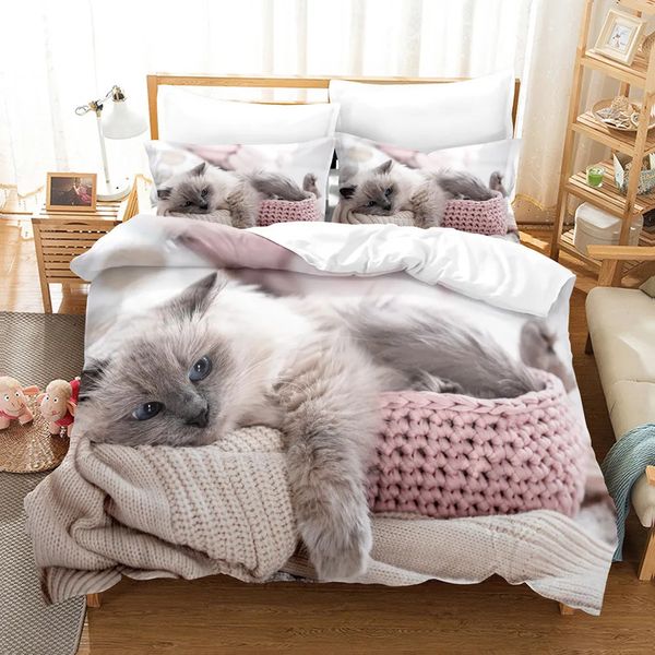 Juegos de ropa de cama Cute Cat Vivet Cover 3d Animal Set Pet Gatty Edocomportador Microfibra Twin Rey completo para niños Decoración del dormitorio de los niños adolescentes 231009