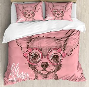 Sets de ropa de cama lindo chihuahua década de perros set de cubierta de la niña gafas de moda cintas cachorros gemelos solteres tamaño rosa pálido