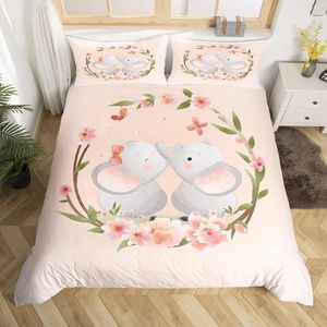 Ensembles de literie Ensemble de housse de couette d'éléphant mignon Ensemble de couette florale rose Kawaii Animal de dessin animé Twin Full Cherry Blossoms Linge de lit