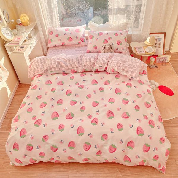 Ensembles de literie mignon fraise ours ensemble de literie pour enfants fille 100 coton double pleine reine taille Kawaii double drap-housse couette housse de couette Z0612