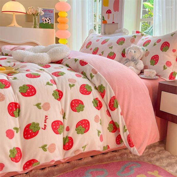 Ensembles de literie Mignon Velours Automne Hiver Chaud Rose Ensemble Double Face En Peluche Kawaii Épaissi Flanelle Drap De Lit Housse De Couette Taie D'oreiller 4pcs