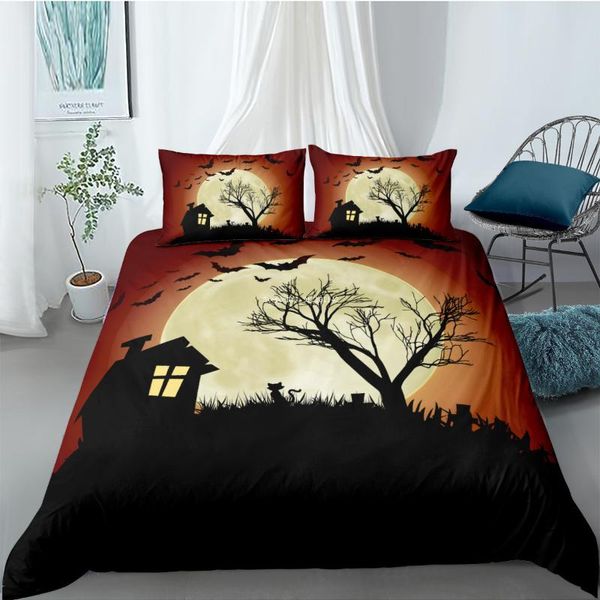 Conjuntos de ropa de cama Lindo Bruja Calabaza Murciélago Impresión Set 3D Halloween Decorativo Down Edredón Cubierta Funda de almohada Textiles para el hogar