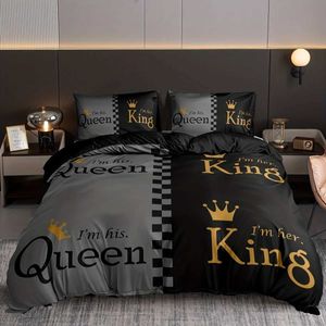 Ensembles de literie Deluxe Black Gold Crown Love Couple 3pcs Grands Down Down Cover Linn Set Childrens Bed 200x200 240x220 J240507