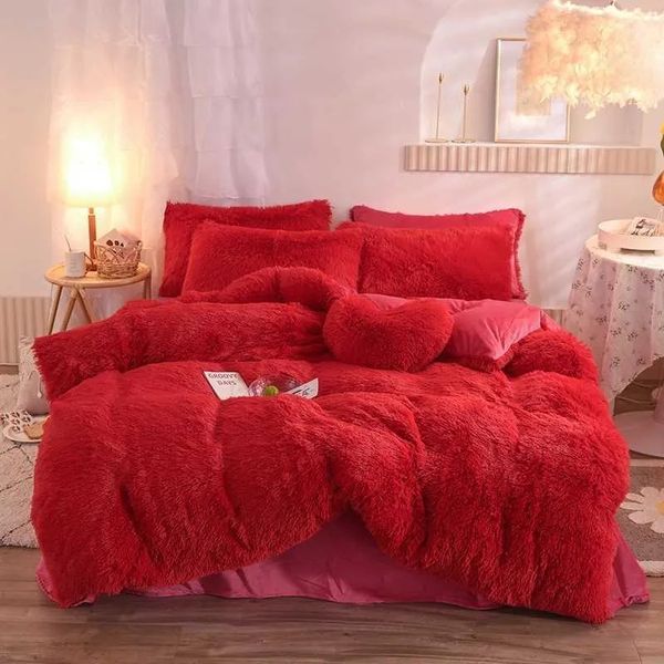 Conjuntos de ropa de cama Diseñador Manta de diseño Lujo 4 piezas Super Shaggy Soft Coral Fleece Cálido y acogedor Juego de cama Edredón de terciopelo de visón Funda nórdica Juego de funda de edredón Colcha