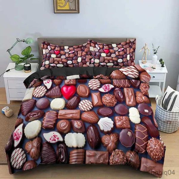 Juegos de ropa de cama Funda nórdica de chocolate y postre Tamaño King/Queen Juego de cama delicioso y dulce con pastel de caramelo Comida de tiramisú 2/3 piezas Funda de edredón de poliéster