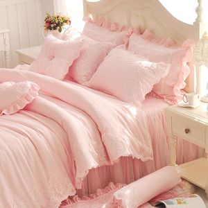 Beddengoed sets diamant kanten prinses luxe roze ruches bedrok stevige kleur dekbedovertrek bedden sprei