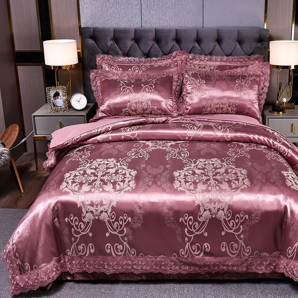 Ensembles de literie goutte mariage housse de couette ensemble gris doré Jacquard dentelle drap plat taie d'oreiller 4 pièces européen luxe pâte de haricot