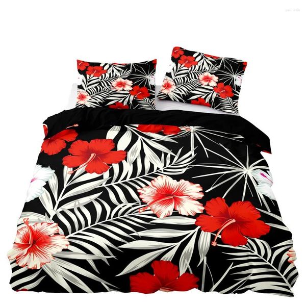 Ensembles de literie Cover de couette Ensemble de style africain avec taie d'oreiller feuilles blanches et imprimé de fleurs rouges pour double taille