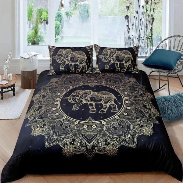 Conjuntos de ropa de cama Funda nórdica Bohemia Lindo Elefante Mandala Negro Dorado Boho Habitación Edredón decorativo Estilo lujoso para regalo de mujer