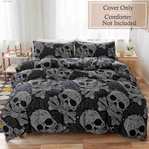 Juegos de ropa de cama Juego de funda nórdica Esqueleto de calavera negra/Paisley floral gótico Juego de cama suave de lujo Funda de edredón Decoración de Halloween Tamaño Queen T240218