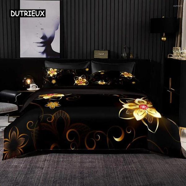 Conjuntos de ropa de cama cubierta nórdica Casas de almohadas de patrón floral de oro negro texturizado para adultos premium Hombres Mujeres Regalos Decoración de dormitorios