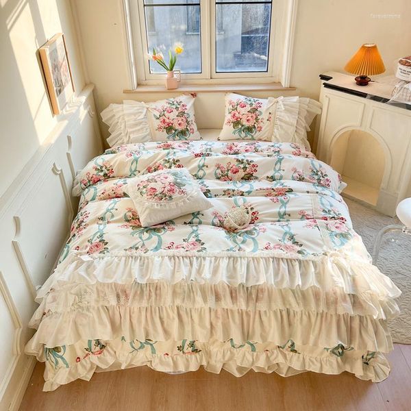 Juegos de cama Egipto algodón encaje volantes princesa conjunto lujo estilo coreano flores impresión funda nórdica colchas cama falda fundas de almohada