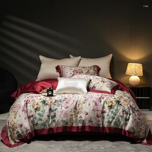 Conjuntos de ropa de cama Algodón egipcio Impresión digital Conjunto de flores Funda nórdica Lino Sábana ajustada Fundas de almohada Textiles para el hogar