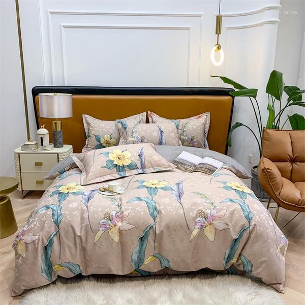 Conjuntos de ropa de cama Conjunto de algodón egipcio Pastoral Hojas tropicales Flores Funda nórdica Edredón amigable para la piel Sábana de cama Funda de almohada