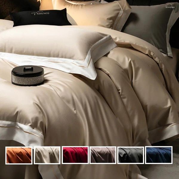 Ensembles de literie en coton égyptien couleur solide couvre-cassette douce cover plate à lit plat / ajusté avec taies d'oreiller broderie de luxe El