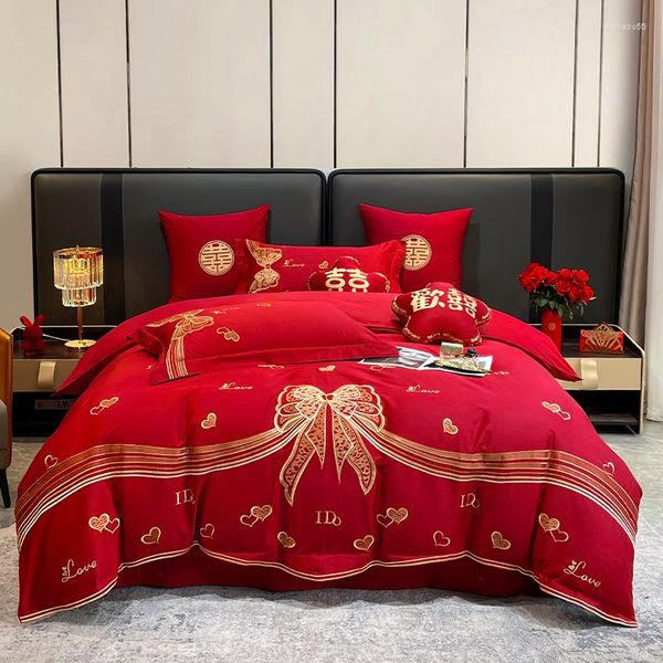 Ensembles de literie égyptien longue agrafe coton rouge mariage 4/7 pièces ensemble or arc amour broderie housse de couette drap de lit taies d'oreiller