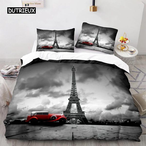 Ensembles de literie Eiffel Tower Couchet Cover Paris France France Retro Red Truck Quilt City Building Automobile Polyester Counter