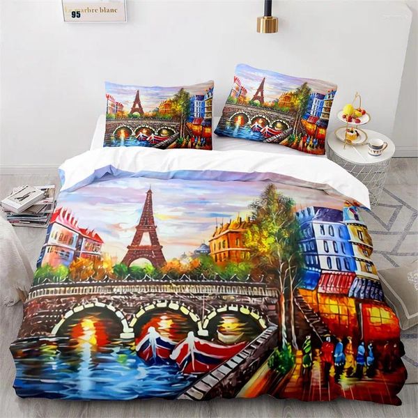 Sets de ropa de cama Eiffel Tower Divet Cover Romantic Paris Cityscape Poliéster Pintura al óleo Arte abstracto Rey para adolescente Girl