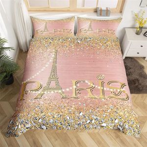 Juegos de cama Juego de funda nórdica de la Torre Eiffel Individual Twin King para niños Niña Adolescente Habitación París Microfibra Gradiente Diamante Edredón