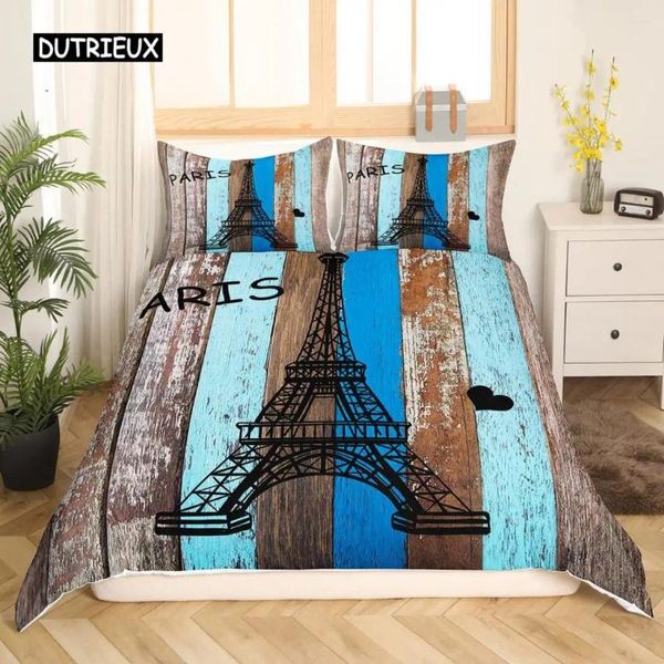 Ensembles de literie Eiffel Tower Coupet Cover Set King Size Paris pour Boy Girl Polyester Cityscape Texture en bois Quilt