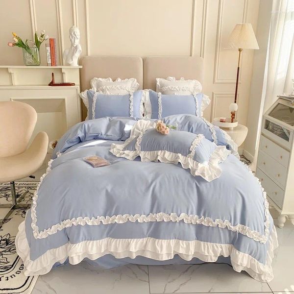 Conjuntos de ropa de cama Elegante encaje de lujo Ropa de cama Princesa Lavado Algodón Ruffle Funda nórdica Sábana y fundas de almohada para niña