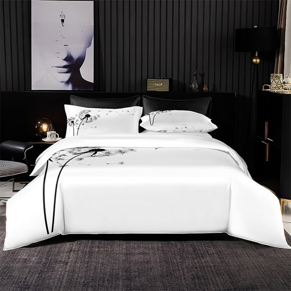 Juegos de ropa de cama Juego de cama blanco elegante con pintura de diente de león y tinta, funda nórdica de 264x228 con funda de almohada para cama doble Queen King, juego de cama de tamaño completo 220924