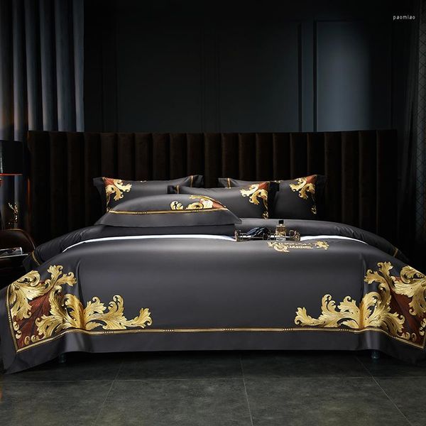 Juegos de cama Euro Luxury Gold Vintage Royal bordado 1000TC algodón egipcio conjunto funda nórdica colcha sábana funda de almohada