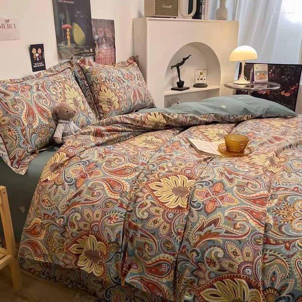 Ensembles de literie Style européen Vintage couleur Paisley motif feuille pur coton 4 pièces ensemble housse de couette sergé linge de lit Double