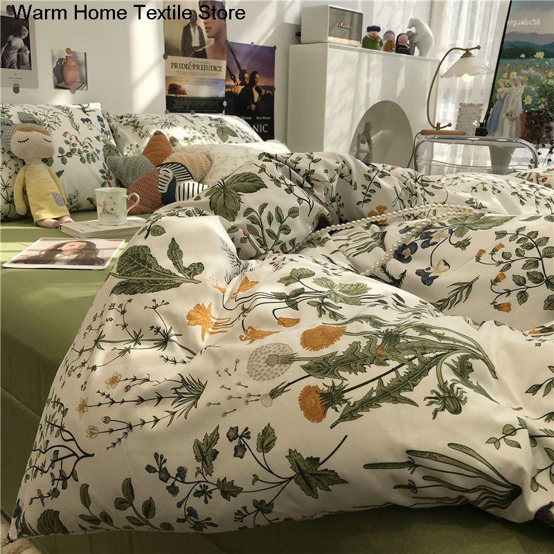 Sängkläder Europeiska Ins Blommor Borstad Hem Set Enkelt Mjukt Påslakan Med Lakan Täcke Överdrag Örngott Sänglinne