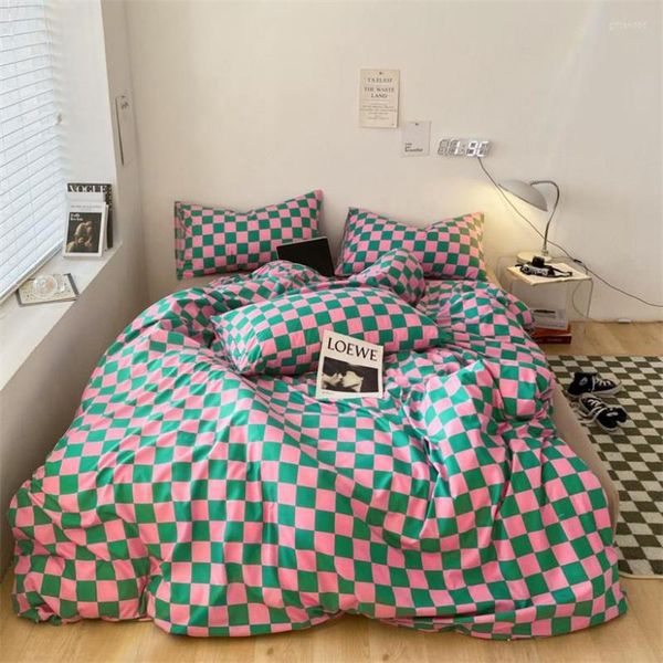 Conjuntos de ropa de cama Conjunto de algodón a cuadros de moda Funda nórdica a cuadros 220x240 Sábana Fundas de almohada Edredón Lino suave de lujo