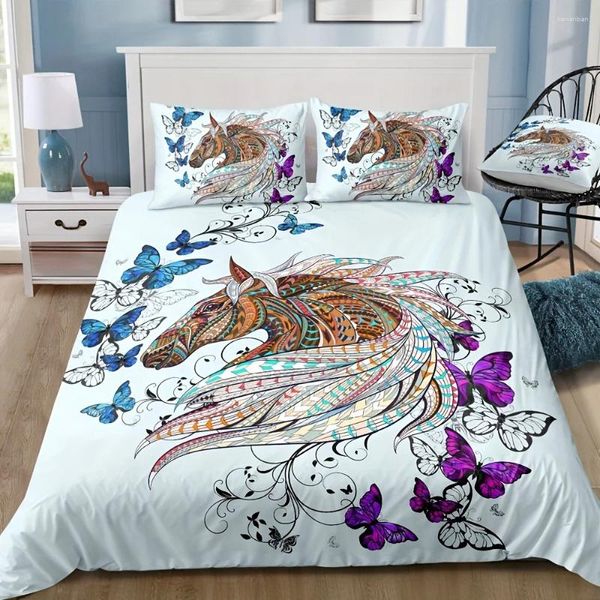 Conjuntos de ropa de cama Juego de funda nórdica creativa de moda (1/2 funda de almohada) Estampado de mariposa de caballo suave y cómodo para el dormitorio